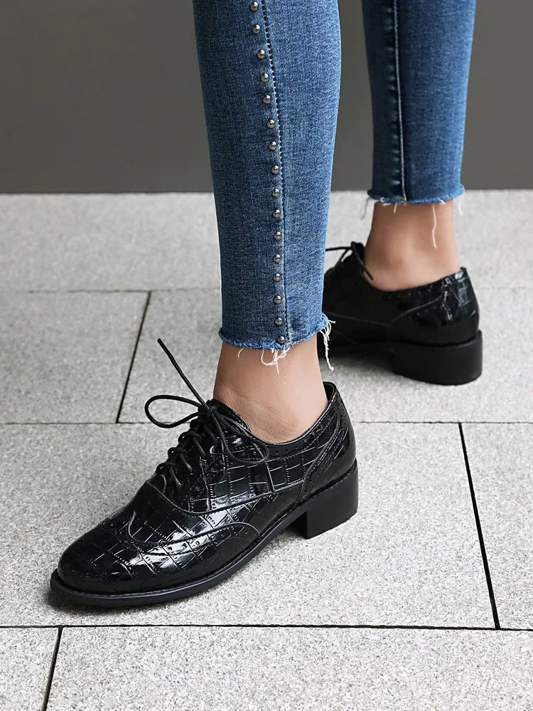 Women Shoes Spring New Fashion Round Toe Lace Up Retro Single Shoe for Office Party Walk Thick Low Heeled Big Size 48 775-1