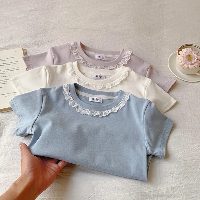 Summer Girls Lace T-shirt Kids Loose Casual Solid Color Short Sleeves Crewneck Tops Baby Girl Cotton Tees Kids Clothes 1-6Years