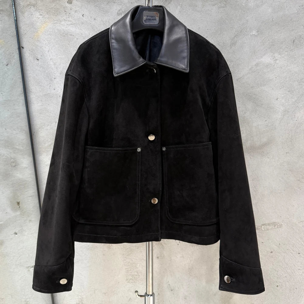 Suede Leather Blouson Women Winter Genuine Sheep Leather Coat Luxury Autumn Suede Blouse Lin24