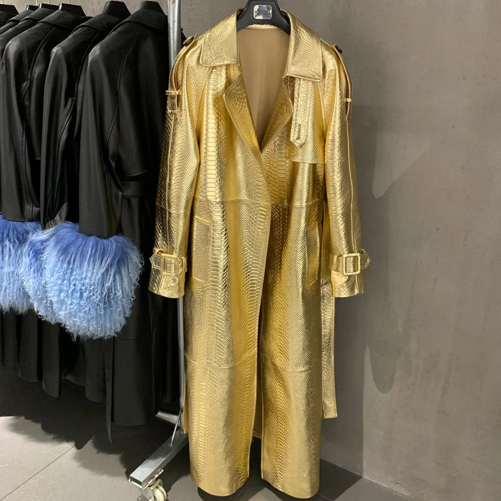 Gold Leather Coat Long Ladies Real Sheepskin Coat Genuine Sheep Leather Windbreak Long 21018