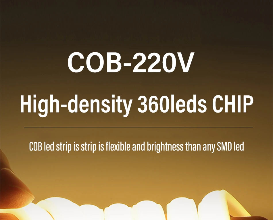 led Strip Brightness Waterproof COB LED Strip 220V Flexible Ribbon for Room Bedroom360 LEDS/m Kitchen Outdoor Garden Lighting