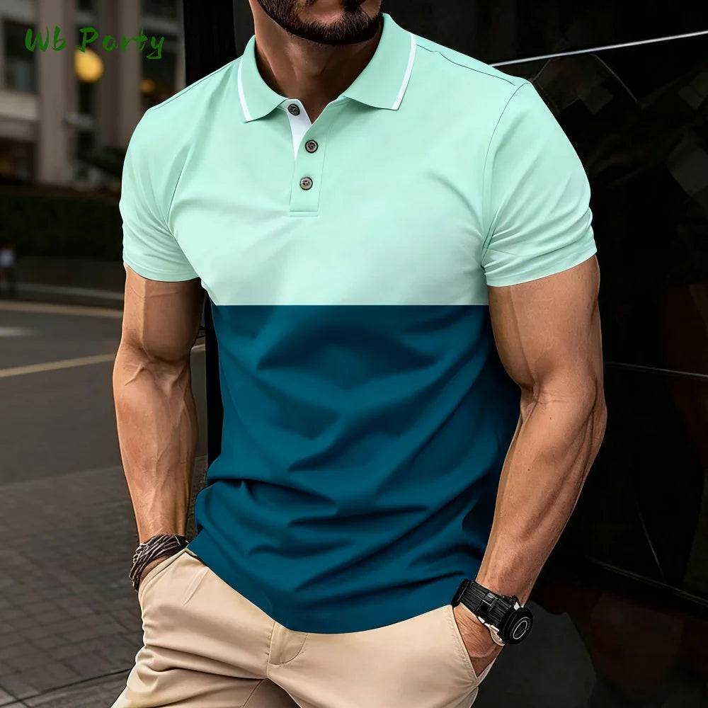 Summer Men's Polo Men's Casual Short Sleeve Polo Shirt Striped Color Block Design Sporty Polo Style Collared Polo Shirts for Man
