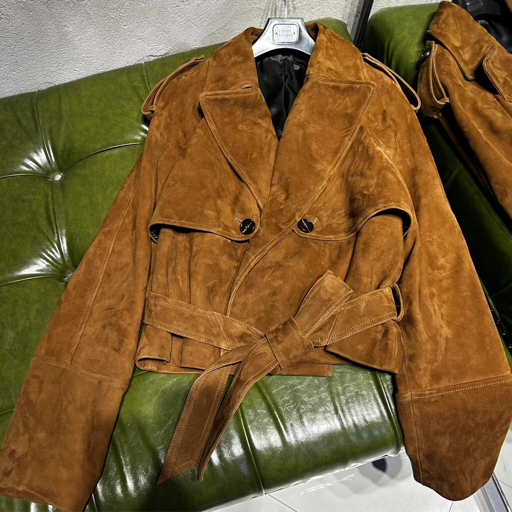 Elegant Black Leather Jacket Women Grained Sheep Leather Jackets New Style Lace-up Leather Jacket