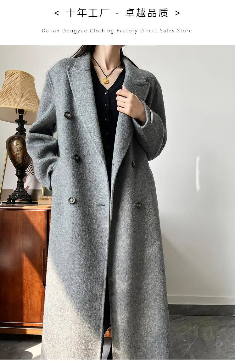 Office Lady Woolen Jackets 2024 Autumn And Winter Suit Collar Double Breasted Warmer Yak Hair Loose Long Women's Wool Coats