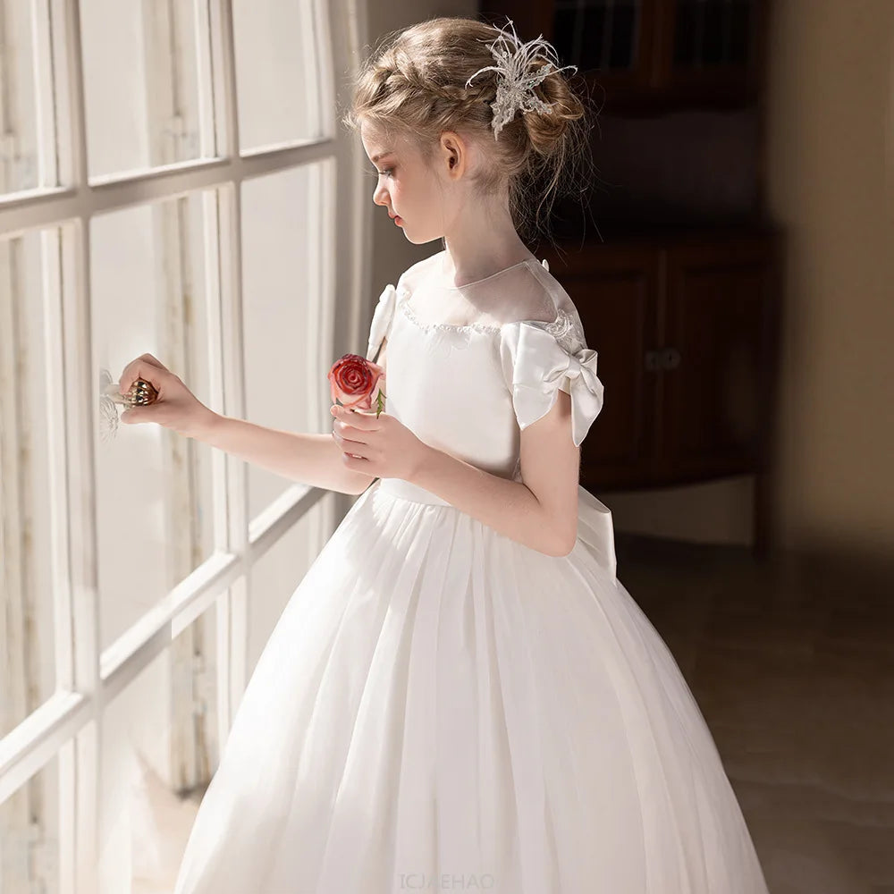 Wed Dress 2025 White Teen Girls Wedding Dress Tulle Ball Gown Big Bow Bridesmaid Dresses Formal Evening Gown Party Wear Costume