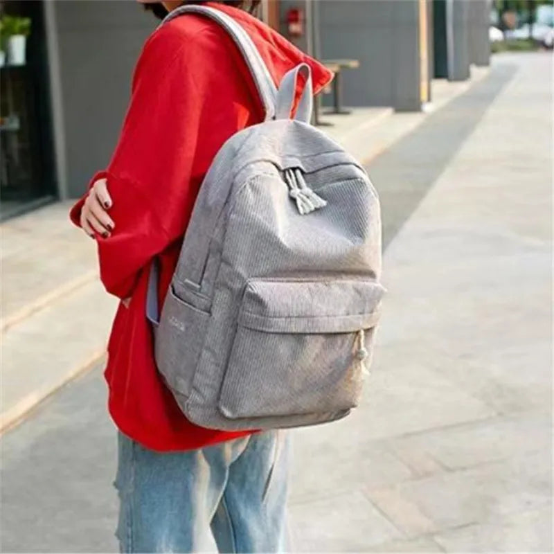 Corduroy Backpack, Academy Fashion School Bags for Middle/High School & College, Cute Tassel Detail, Versatile Casual Daily Bag