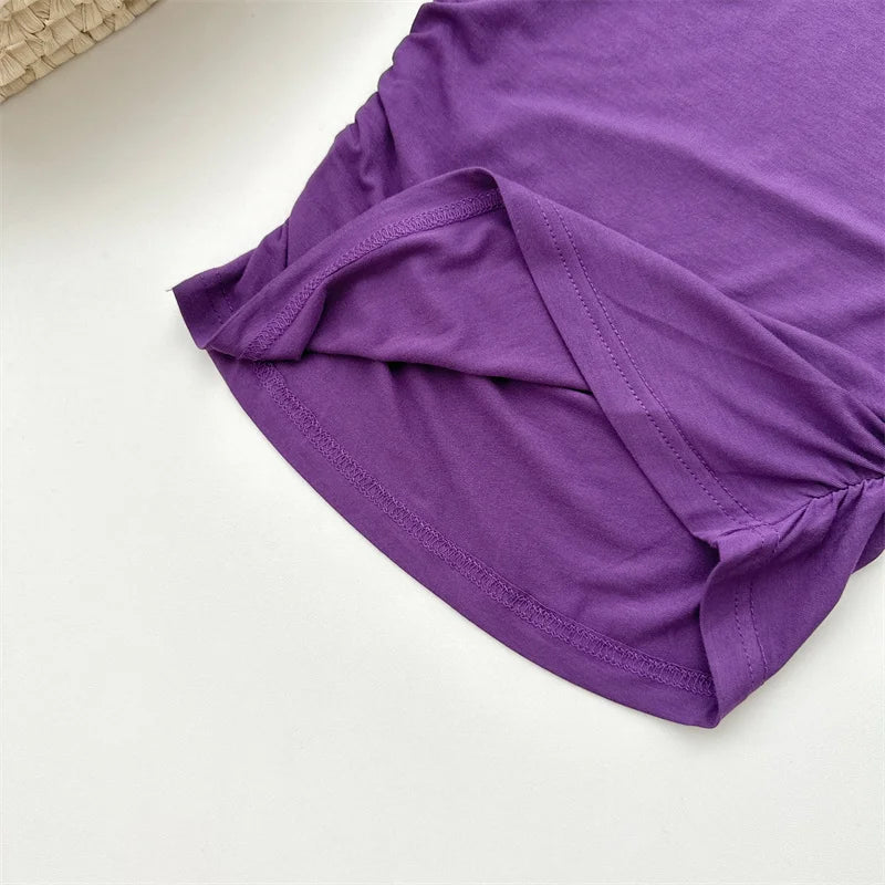 Women's Summer High Stretch Slash Neck Flare Sleeve Slim T Shirt Lady Sexy Pleated Slim Solid Color Pullover Tee Top