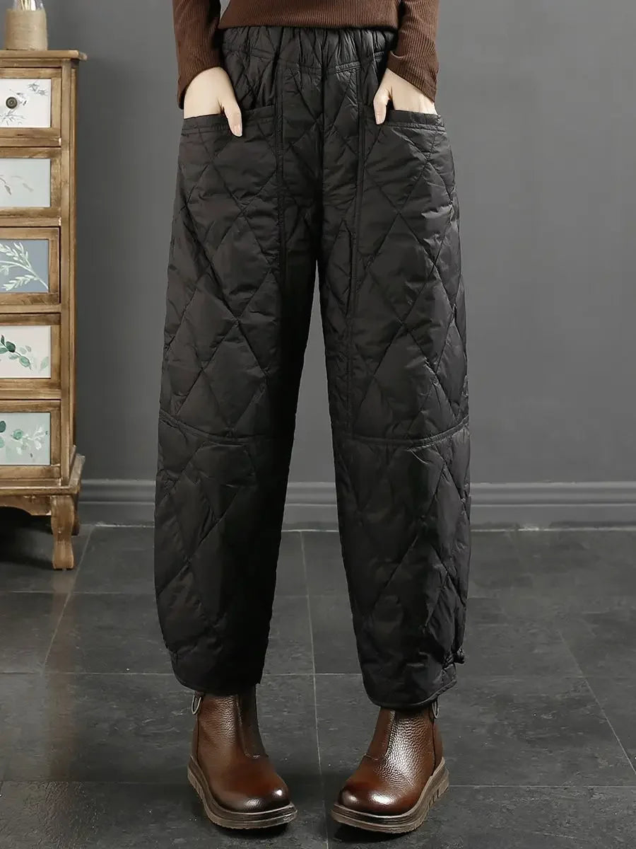 Vintage Quilted Pants Women Winter Warm Trouser Cotton-padded Pants Casual Design Pockets Elastic Waist Korean Chic Black Pants