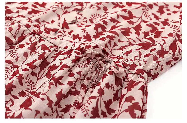 Women's Mulberry Silk Midi Dress V-Neck Three-Quarter Sleeve Red Floral Print Waist Tie Elegant Silk Summer Dress For Mature