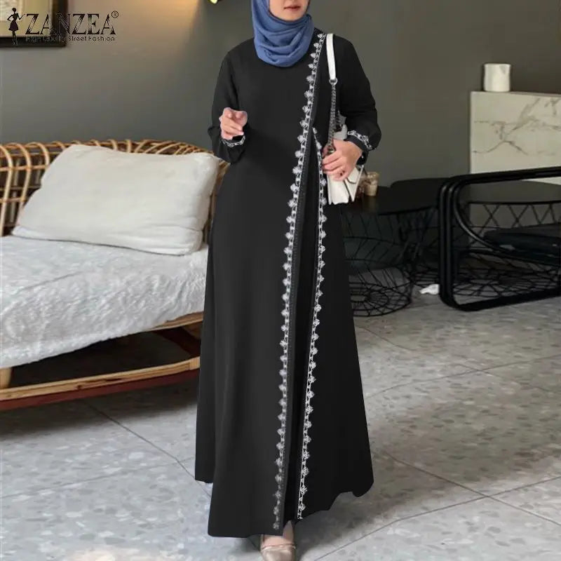 Autumn Lace Crochet Maxi Dress ZANZEA Muslim Turkey Abaya Elegant Loose Vestidos Women Long Sleeve O Neck IsIamic Robe Kaftan