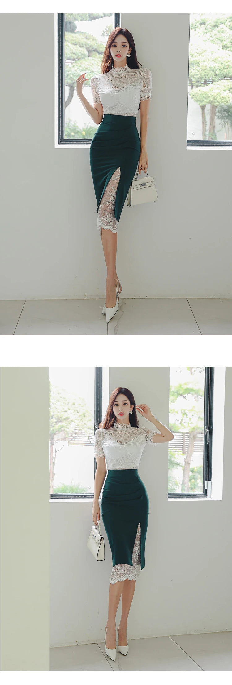 Summer Women Clothes Fashion Elegant 2 Pieces Outfit Sheer Sexy Lace White Tops Shirt Blouse And High Waist Midi Skirt Mujer Set