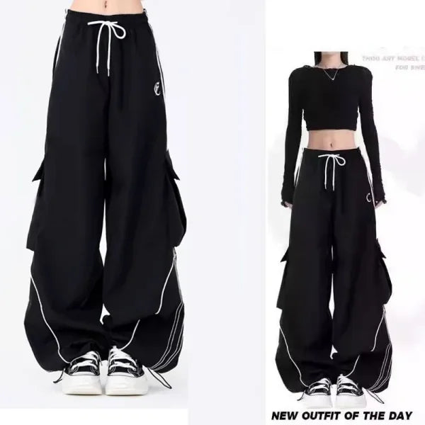 American High Street Black Drawstring Workwear Casual Sports Pants Women Spring 2026 New Loose Wide Leg Floor-Length Pants