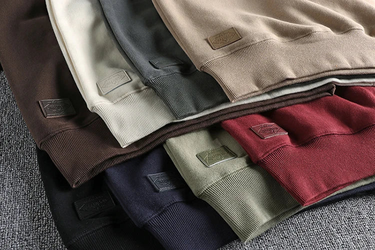Autumn Winter American Retro Heavyweight Velvet Solid Color Sweatershirt Men's Fashion Pure Cotton Washed Youth Pullover Hoodies