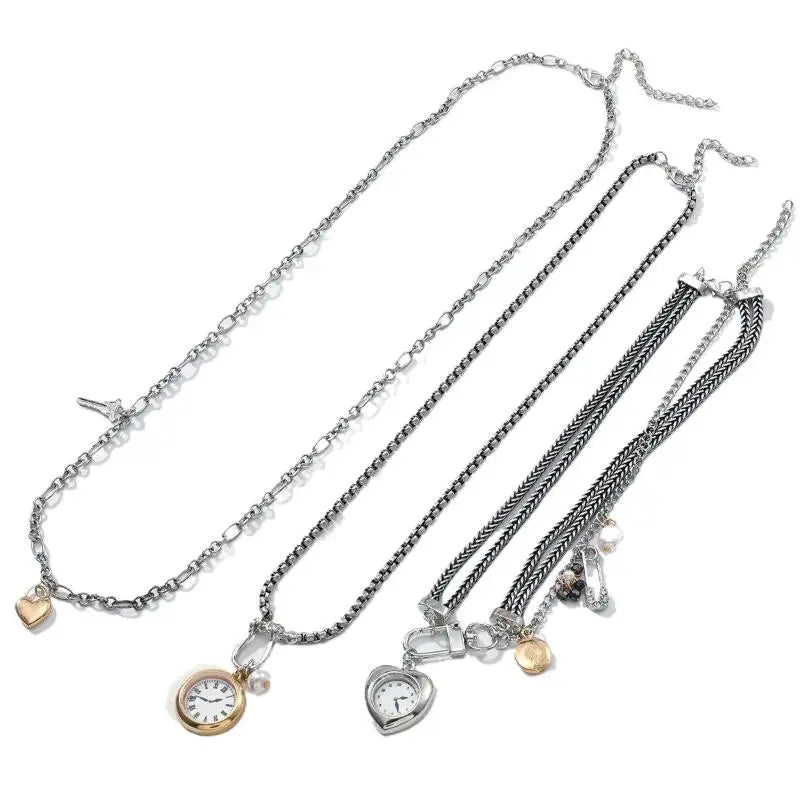 Necklace with Fashion Pin, Button Key, Heart Pendant for Women; Bohemian Multi-Strand Clavicle Chain Accessory