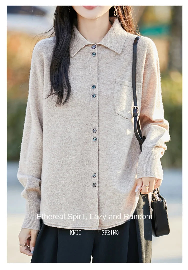 POLO Collar Wool Sweater 100 Pure Wool Spring And Autumn New Knitted Women Loose And Slimming Cardigan ZA682
