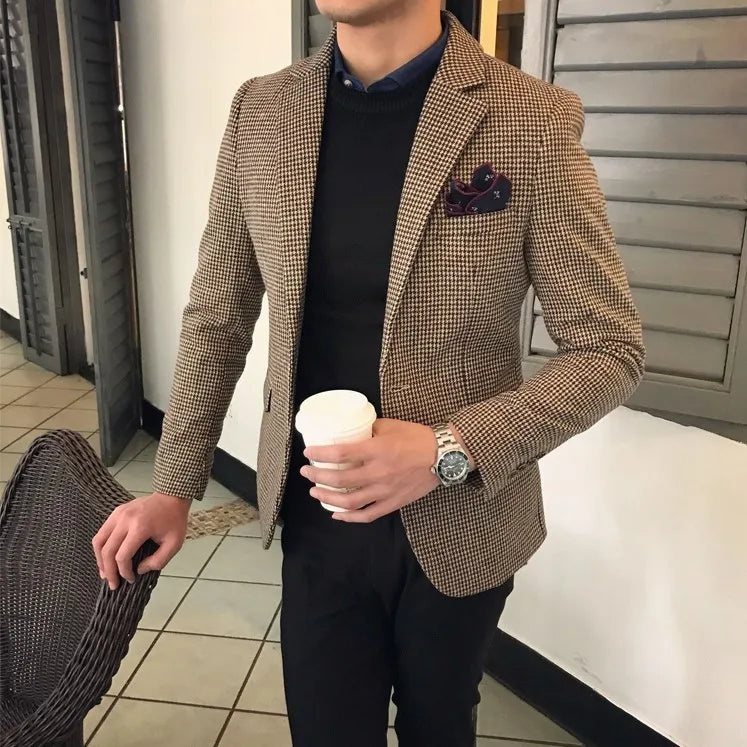 Spring and Autumn Wool Suit Men's Jacket Houndstooth Suit Large Size Retro Slim Business Thickened Casual Suit