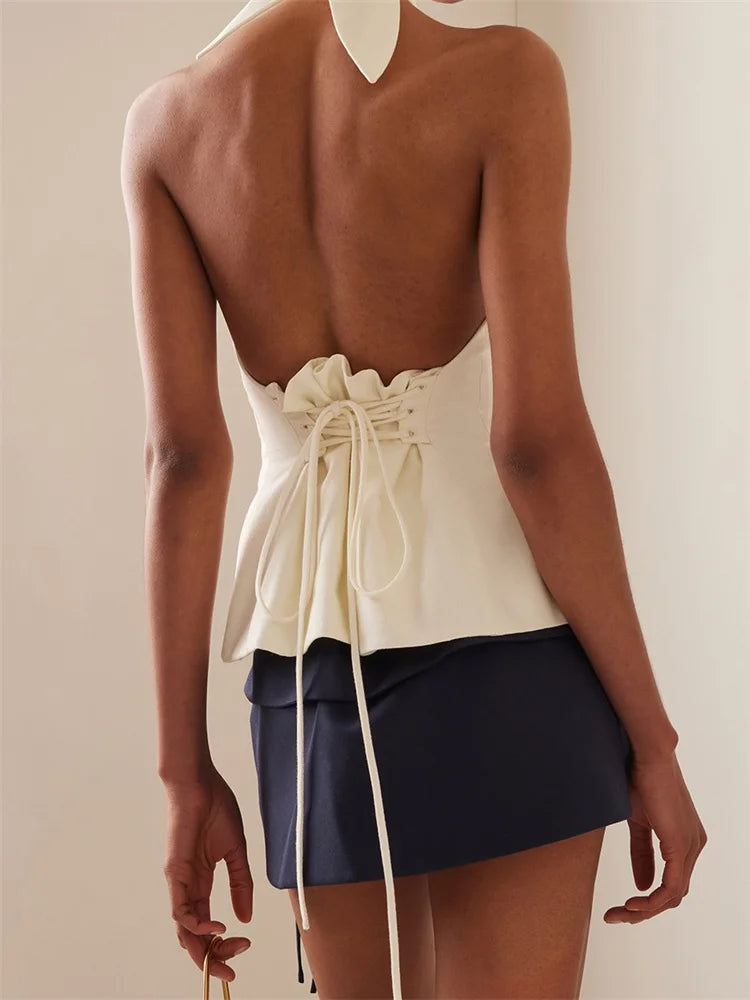 Sexy Women Summer Fashion Tank Tops Solid Color Sleeveless Backless Tie-up Halter Off Shoulder Ruched Vest Streetwear