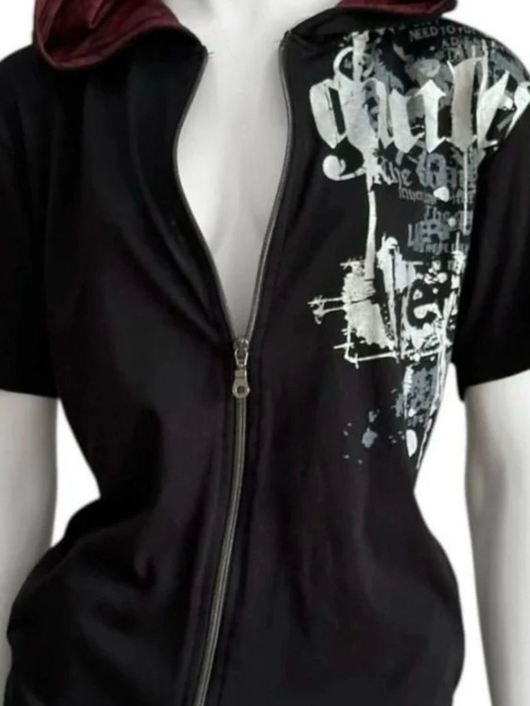 Harajuku Letter Printing Hoodies Women Streetwear Casual Slim Fit Hooded Sweatshirt Y2k Aesthetic Vintage Grunge Zipper Hoodie