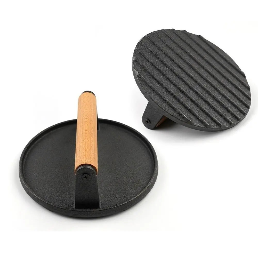 Cast Iron Meat Press Board Heavy-Duty Flat Top Steak Burger Press Wooden Handle Round Rectangular Grill Hamburger Grinder