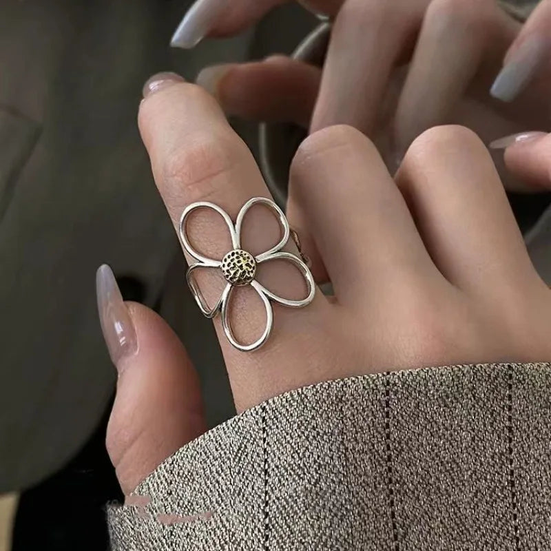 Sterling Silver Rings for Women Couple Minimalist Handmade Simple Big Flower Ring Party Jewelry Gift Prevent Allergy