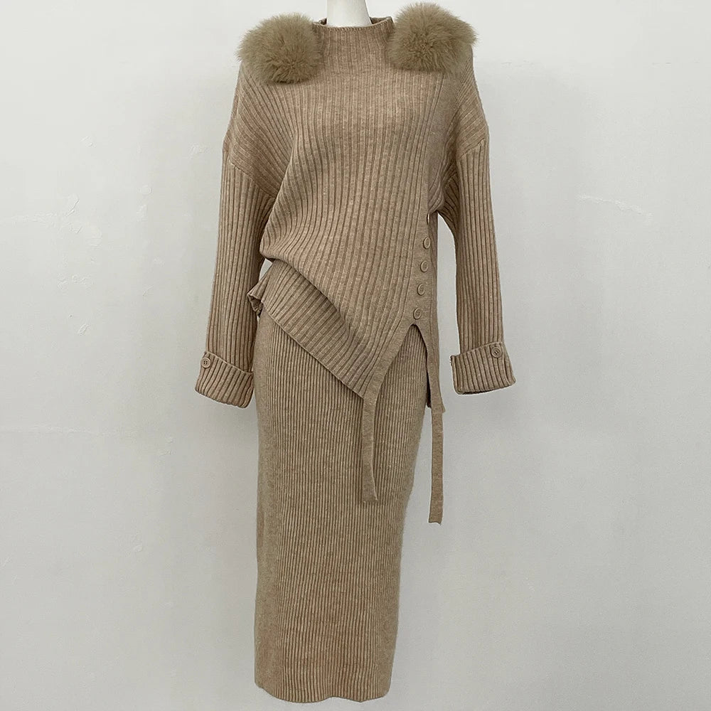 Sweater Set Warm suit Women Winter Knitted Suits two Piece Set Natural fox fur collar Sweater + Loose Trousers Office Lady Suit