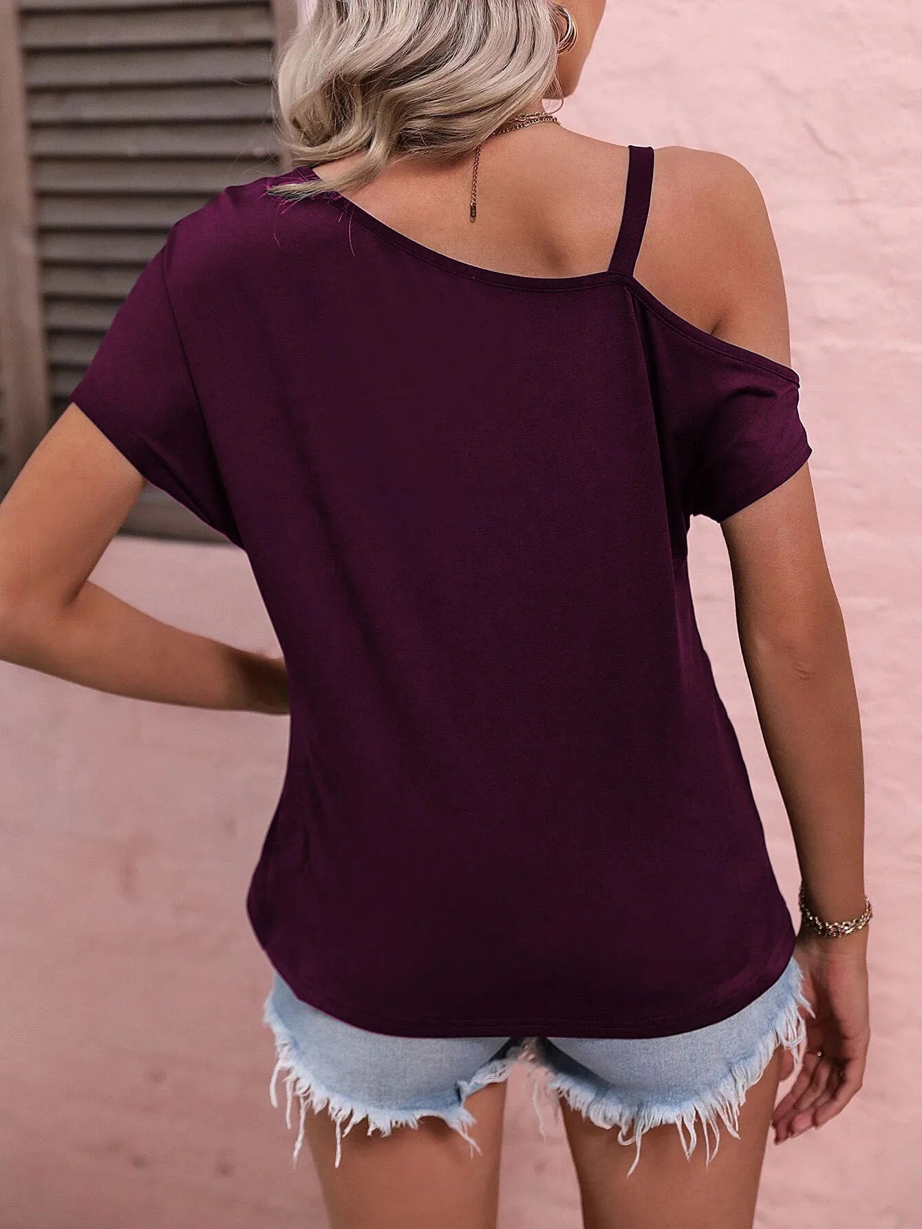 Summer One Off Shoulder Tops Women Sexy Asymmetrical Solid Color Short Sleeved T-Shirt