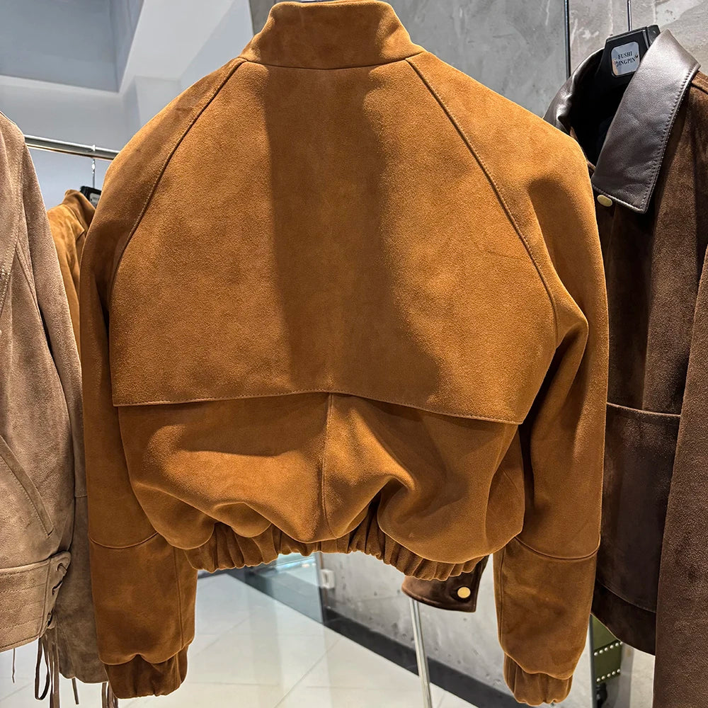 YOLOAgain Suede Leather Jacket Coat Women Real Leather Cropped Jacket Bomber Jacket 2025 Autumn