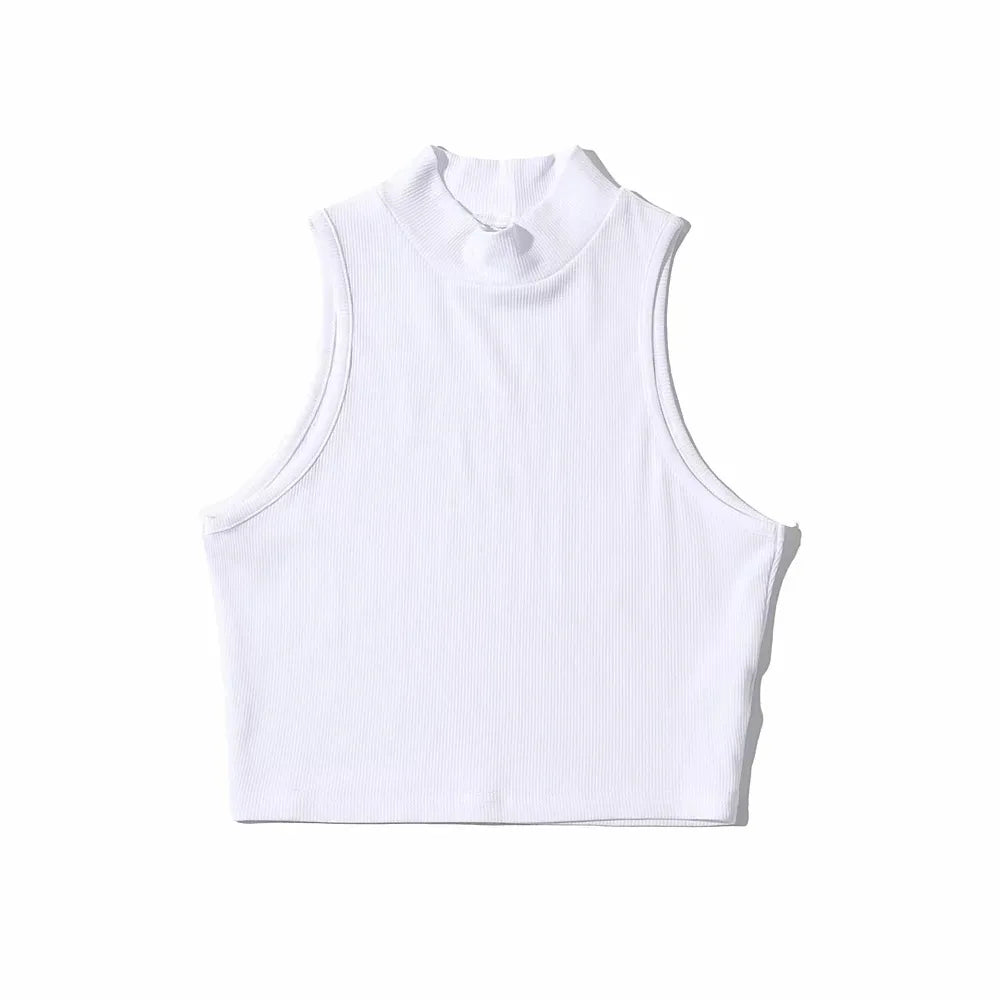 Summer Black Women Fashion Crop Top High Neck White Sleeveless Tank Tops 5 Colors