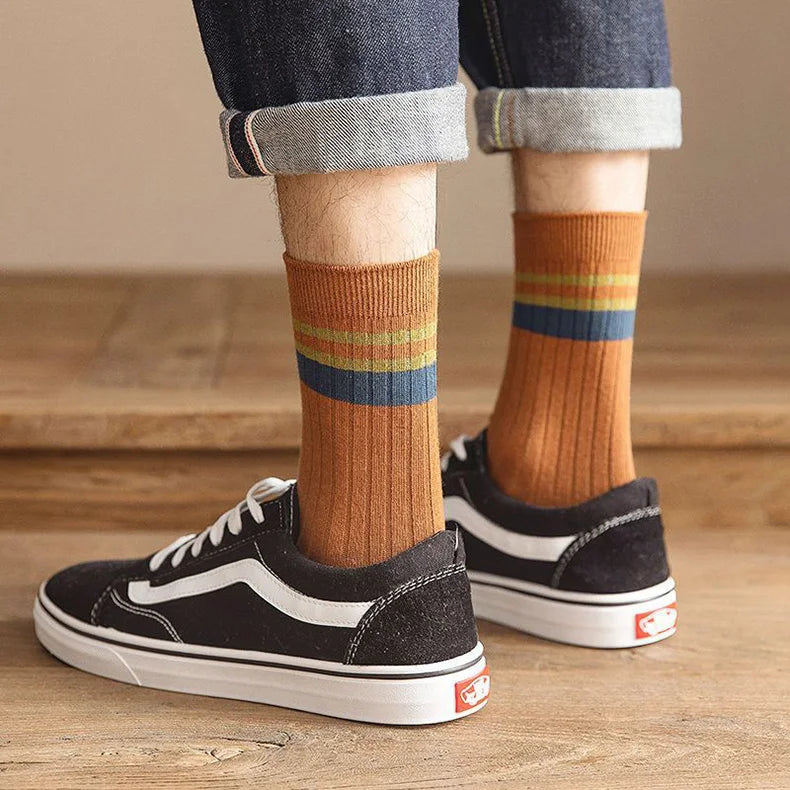 7 Pairs of Men's Striped Socks Fashionable Casual Socks High Quality Harajuku Retro Socks for Men Large Size Long Socks