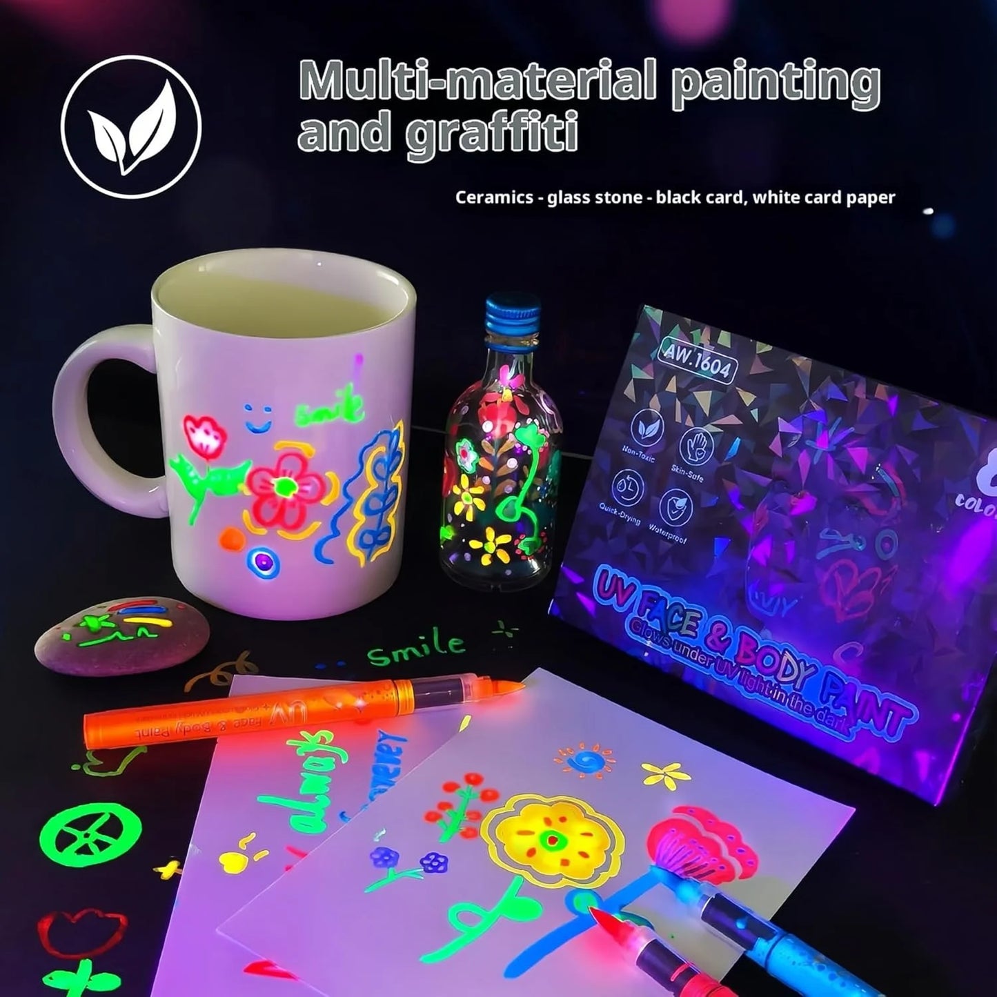 8 Colors UV Neon Face Paint Markers, Glow in the Dark Washable Multi-Surface Art Pens ， Face Painting