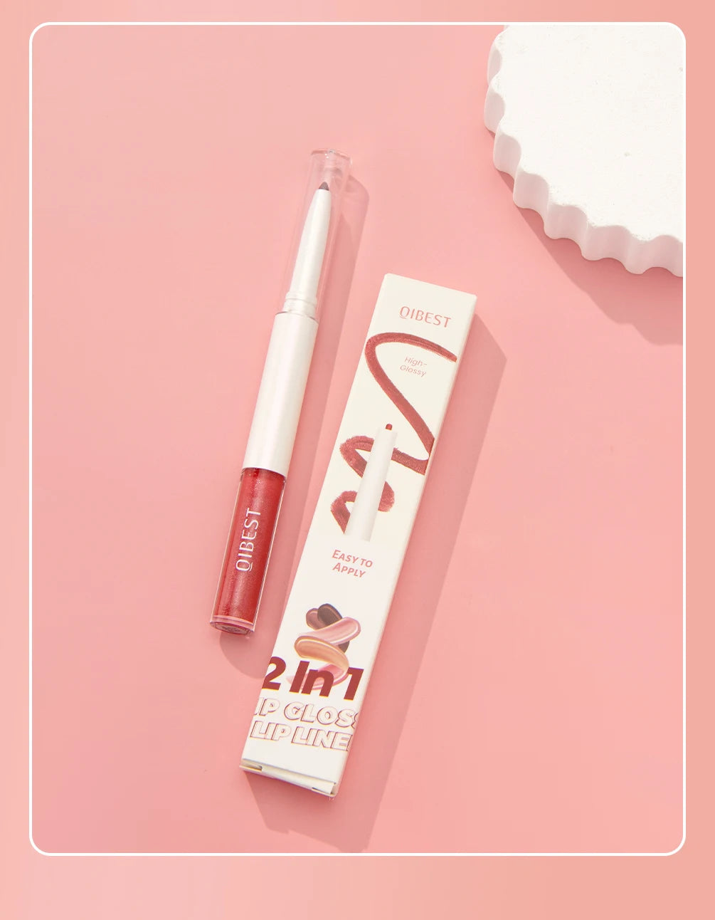 QIBEST Double Head Mirror Lip Glaze Lipliner Pen Water Light Lipgloss Makeup 2 in 1 Stick Matte Velvet Lip Liner Contour Pencil