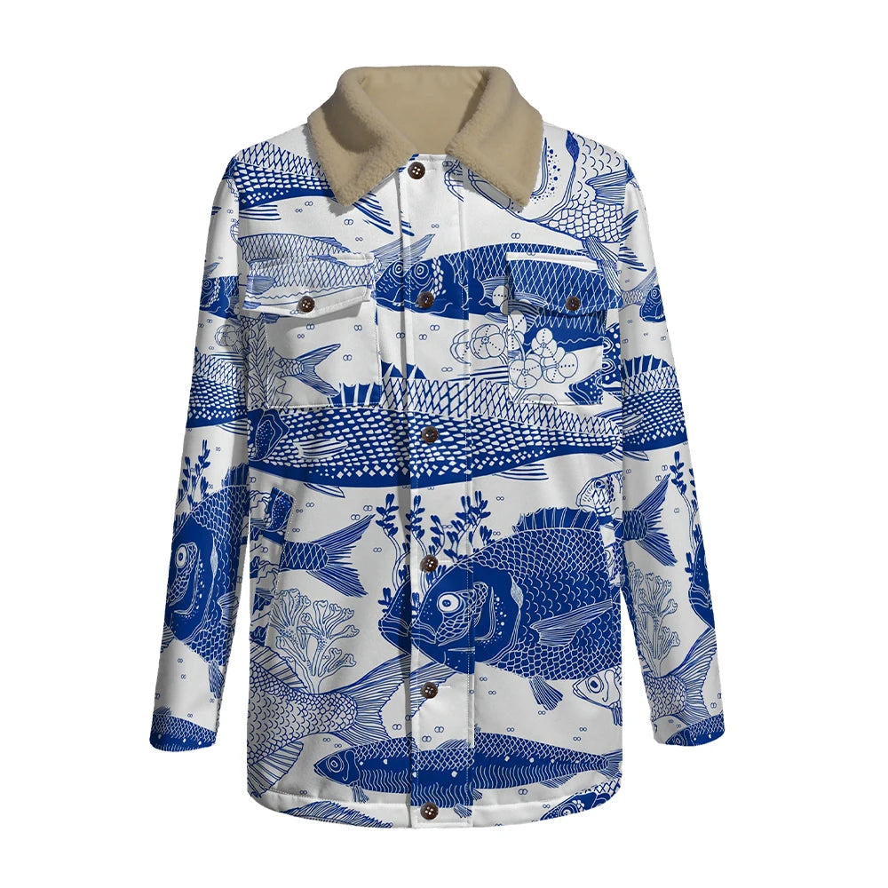 Winter Aesthetic Jacket Marine Life Print Long Coats Whale Turtle Jellyfish Pattern Faux Fur Collar Unisex Coastal Style