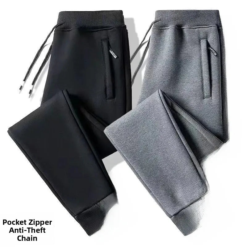 Men's Fleece Lined Trousers Loose Fit Straight Leg Casual Pants with Pockets Zipper Closure Autumn Winter Outerwear