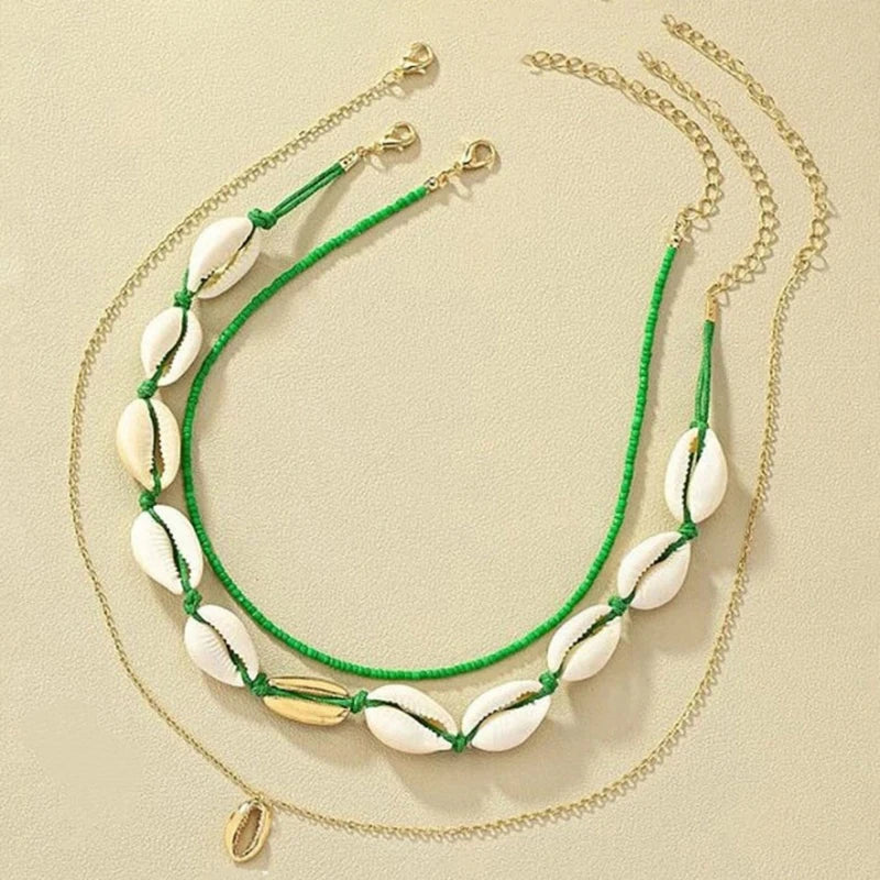 Necklace Three Layer Beach Seashell Choker Necklaces Bohemian Natural Shell Short Collar for Women Rope Chain Choker