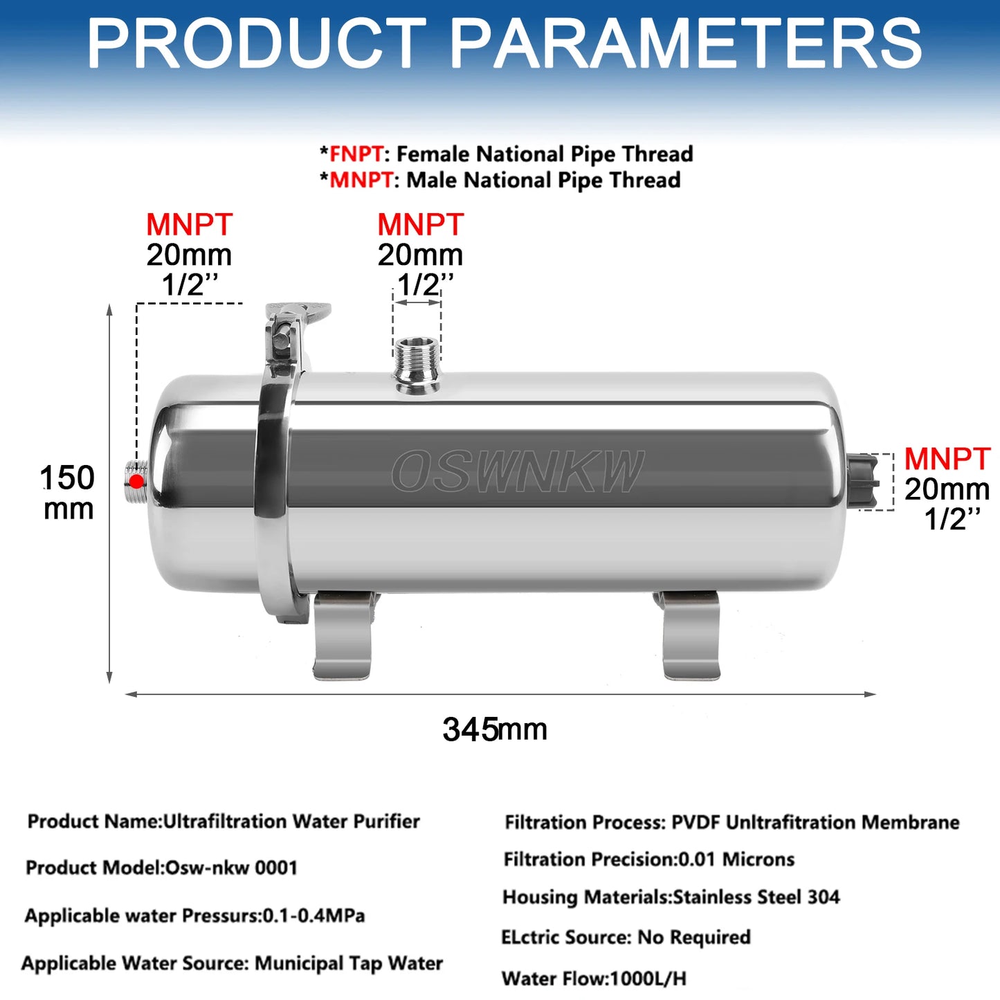 Whole house water purifier 0.01um PVDF pre-filter 1000L SUS304 water filter can be continuously cleaned for 5 years