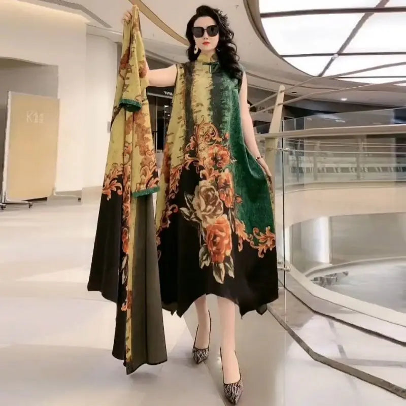 High Atmospheric Elegant Silk Dress Two-piece set 2024 Summer New Westernized Mulberry Silk Large Size Temperament Long Set Skir