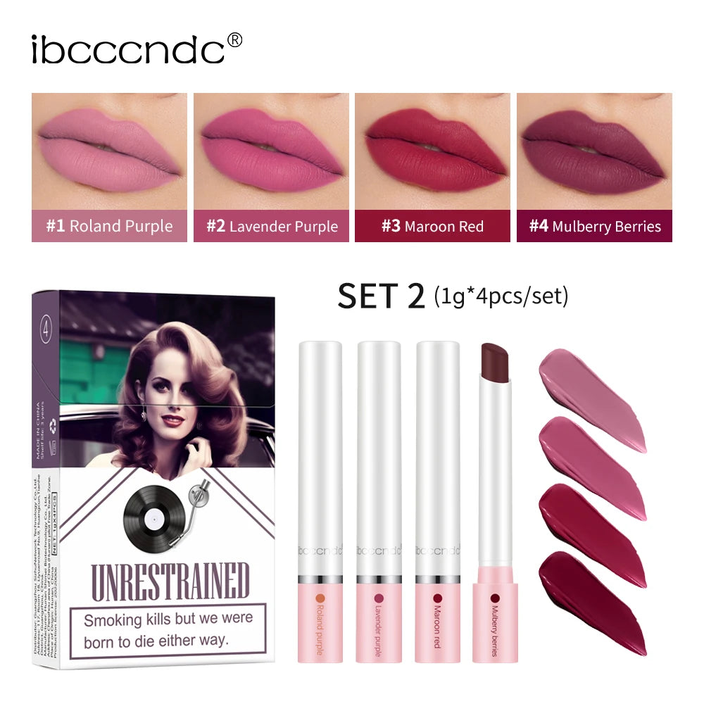 4PCS/Set Matte Long Lasting Waterproof Creative Cigarette Lipstick Set Matt Lip Stick Tube Nude Red Velvet Lip Tint Makeup