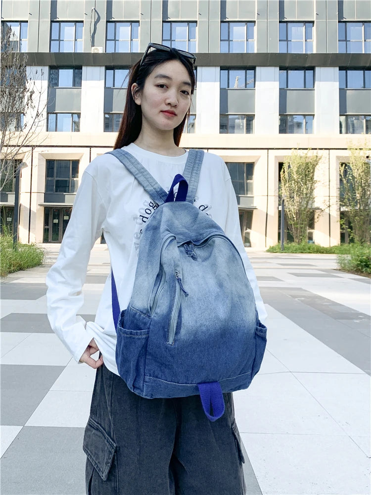 Men's and Women's Backpacks, Student School Bags, Large-Capacity Washed Denim Bags