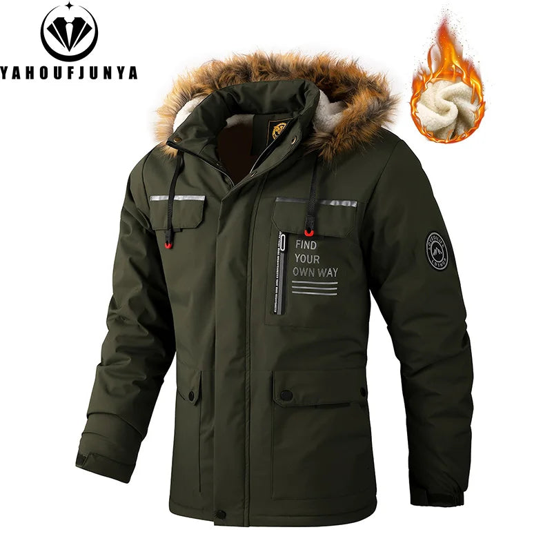 2026Winter Men Outwear Fleece Warm Removable Hooded Hiking Jacket Men Outdoor Windproof Casual Fashion Jacket Coat Male Clothing