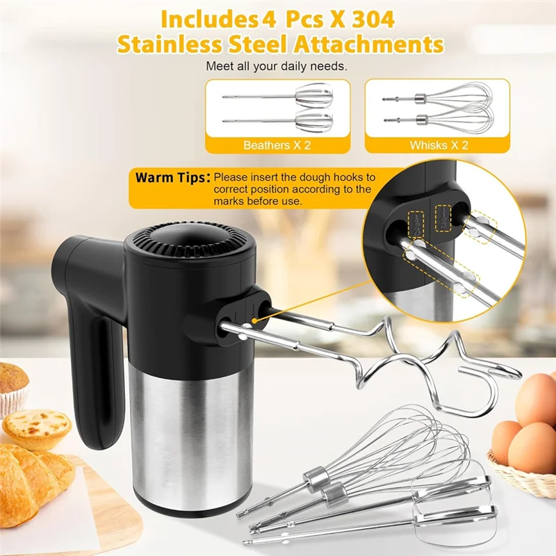 ABKW-Cordless Hand Mixer,Digital Display 7 Speed Rechargeable Electric With 4 Stainless Steel Attachments,For Baking,Eggs