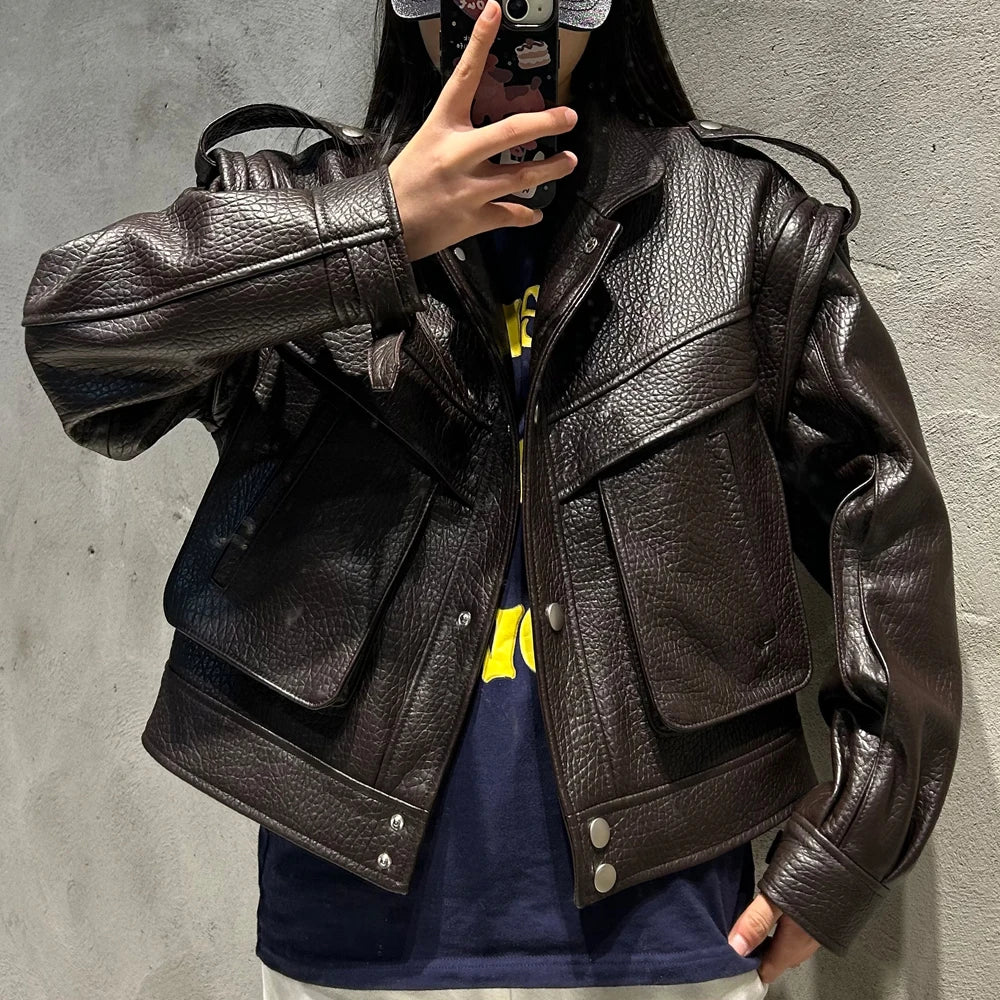Grained Vintage Leather Jacket Women High Quality Genuine Sheep Leather Coat 2025