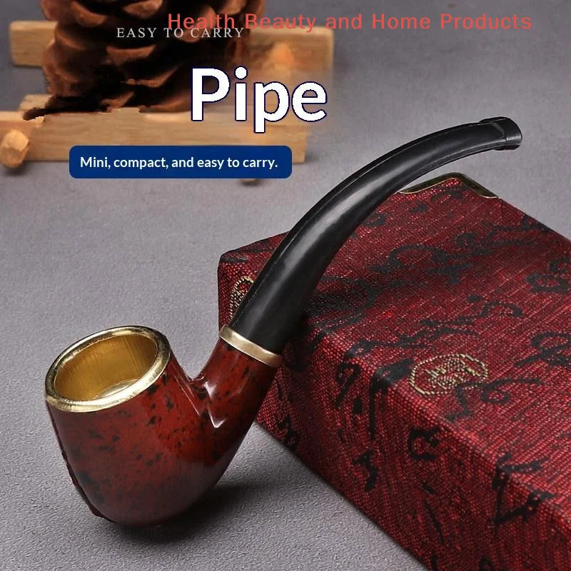 Durable Mini Cigarette Pipe Imitation Wood Pipe Men's Classic Resin Pipe Old-Fashioned Dry Pipe Portable Copper Pot Bent