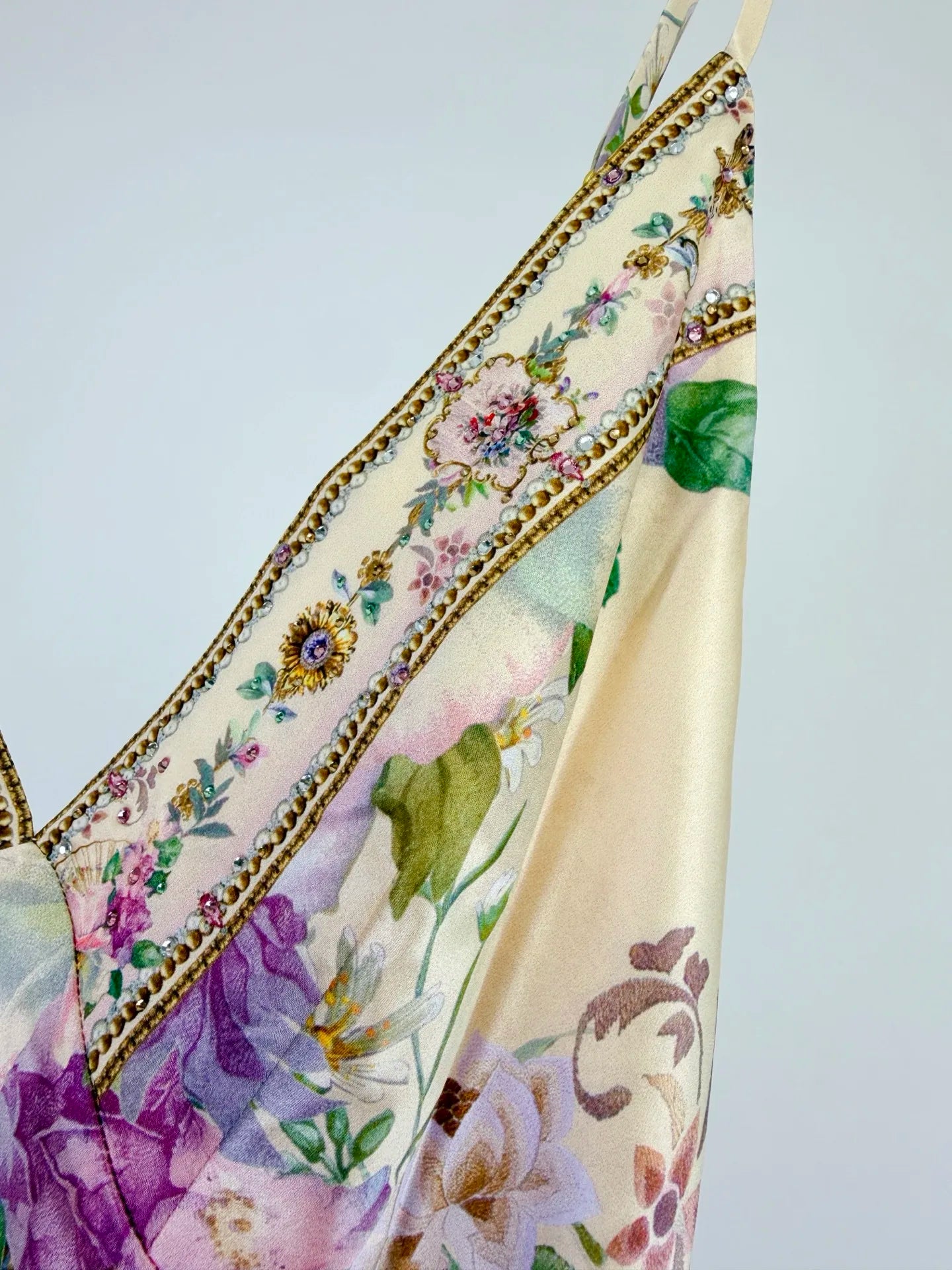 Women Silk Flower Printed Long Dress Heavy Beaded V-Neck Lantern Sleeve Loose Female dress