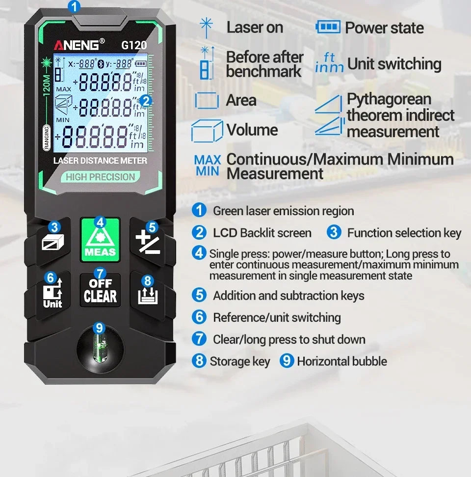 Laser Distance Meter ANENG Laser Tape Measure 40M/70M/100M/120M Laser Rangefinder Electronic Ruler Useful Measurement  Test Tool