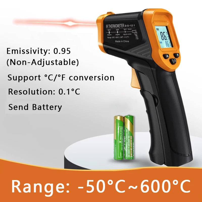 Infrared Thermometer Gun -50-600℃ Digital with Adjustable Emissivity IR Laser Temperature Gun Non-contact Pyrometer Industrial