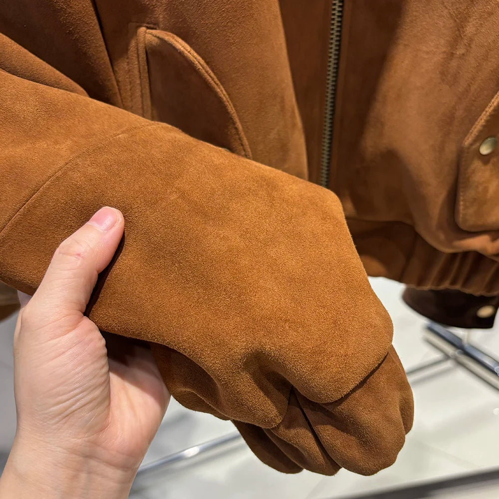 YOLOAgain Suede Leather Jacket Coat Women Real Leather Cropped Jacket Bomber Jacket 2025 Autumn