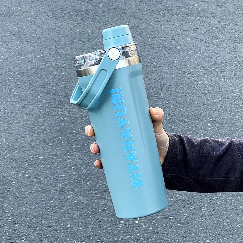 1pc 800ml magnetic lid insulated water bottle, minimalist letter print handle water cup, office and outdoor insulated cup