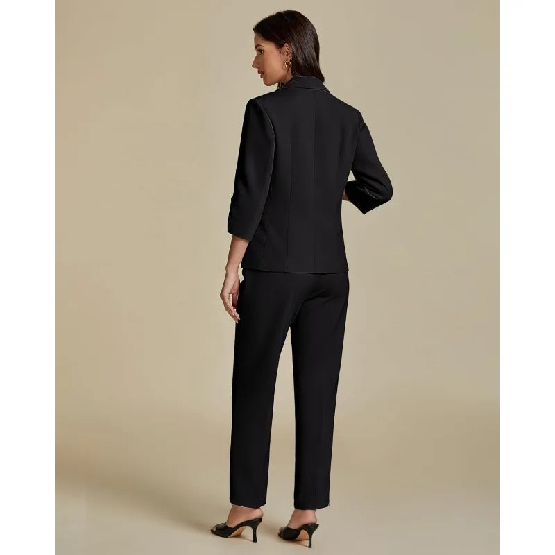 Pant Suits for Women Dressy 2 Piece Business Casual Outfits 3/4 Sleeve Blazer Straight Leg Pant Sets Office Work