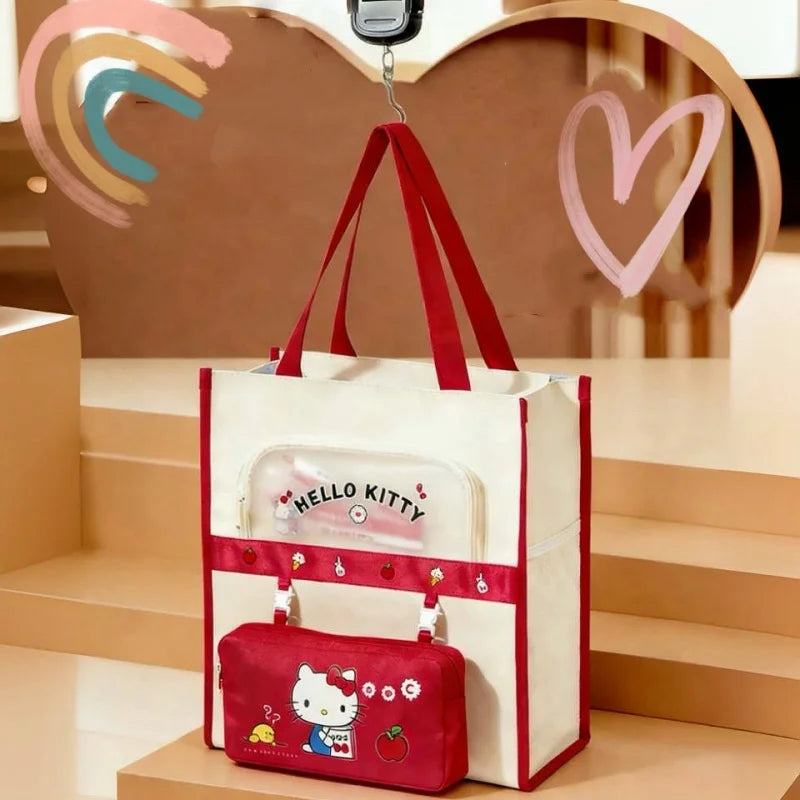 Sanrio Characters Library Tote Bags School Bag Large Capacity Students Canvas Storage File Bag Tutoring Handbag