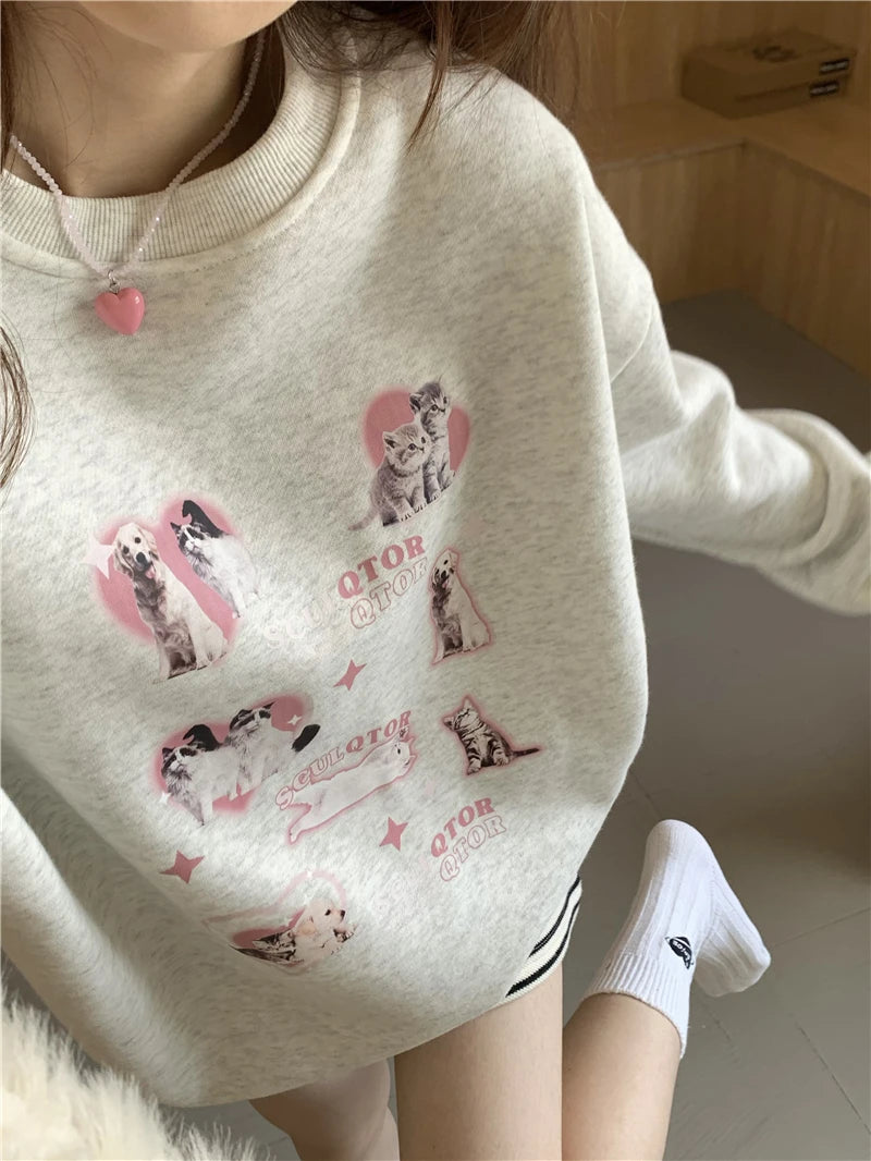 KOSAHIKI Cute Hoodies Women Letter Dog Print Sudaderas Mujer O-neck Sweatshirt Harajuku Streetwear Y2k Pullover Moletom Feminino